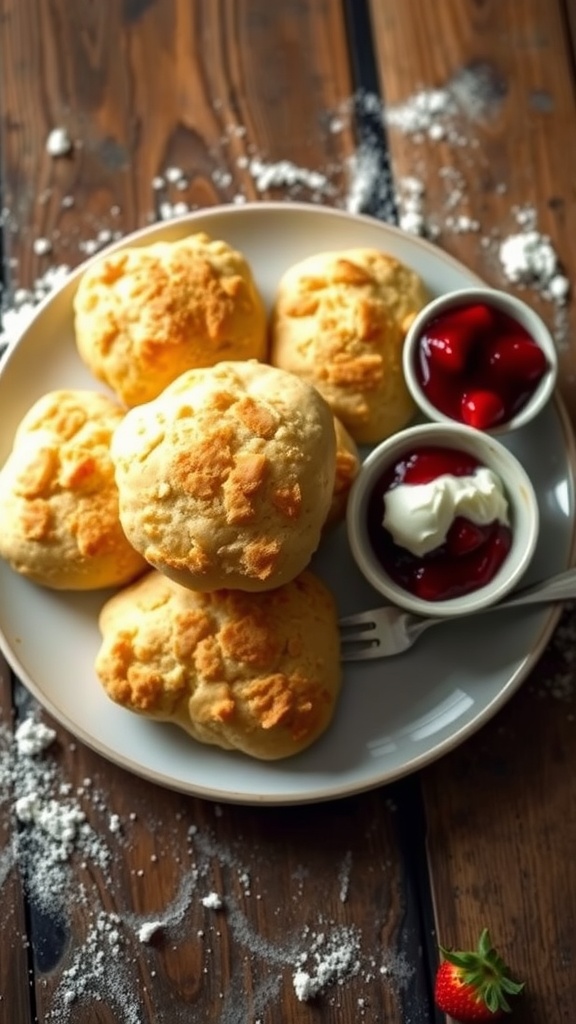 Golden brown air fryer scones on a plate with jam and whipped cream.